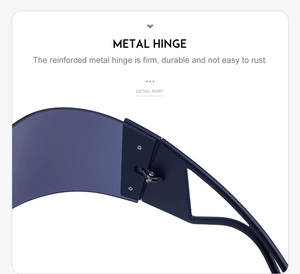 Detail of reinforced metal hinges on Y2K windproof frameless sports sunglasses