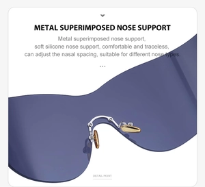 Detailed macro view of adjustable golden metal nose pads on rimless Y2K sunglasses