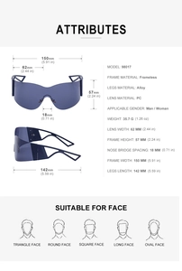 Detailed size specifications for Y2K rimless sports sunglasses with dimensions and fit guide
