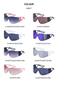Collection of rimless Y2K sports sunglasses in eight different frame and lens colors