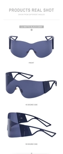 Three angles of rimless Y2K matte black cycling sunglasses with gray streamline lenses