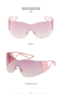 Front and 45-degree side views of matte pink frameless Y2K oversized cycling sunglasses