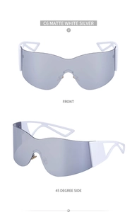 Front and side view of matte white Y2K sports sunglasses with silver mirror lenses