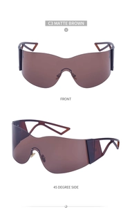 Front and 45-degree side view of matte brown Y2K frameless wraparound sports sunglasses