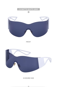 Front and 45-degree side view of matte white Y2K sports sunglasses with gray shield lens