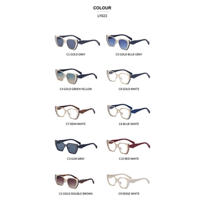 Matrix display of fashion cat-eye sunglasses in ten different colors and finishes