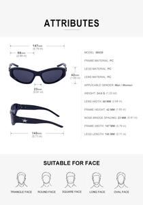 Detailed size specifications for Y2K cat-eye sunglasses with star metal accents