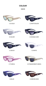 Grid display of narrow cat eye sunglasses in ten colors with star temple detail