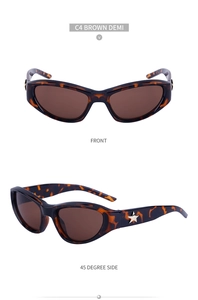 Front and 45-degree views of brown tortoise Y2K sunglasses with gold star hardware