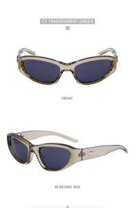Front and 45-degree side views of transparent green sunglasses with silver star detail