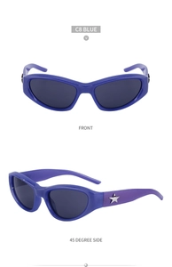 Detail view of purple C8 Blue Y2K sunglasses with silver star decor and sport frame