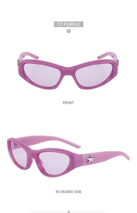 Detail of Y2K purple cat-eye sunglasses with silver star hardware and sleek design