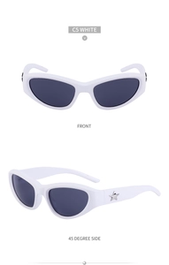 Detailed views of white chunky cat-eye sunglasses with silver star decor on temples