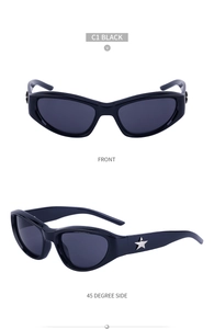 Detail view of black Y2K cat-eye sunglasses with silver star metallic decor on the frame