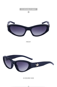 Front and side view of cat eye sunglasses with star metal detail and grey lenses