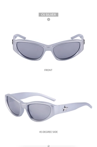 Detailed front and side views of silver star-accented Y2K cat-eye cycling sunglasses