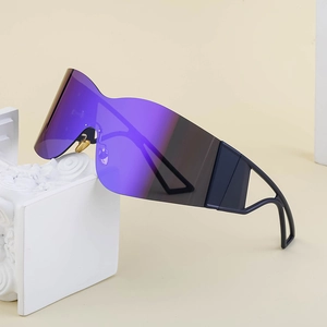 Y2K rimless sports sunglasses with oversized gradient purple lenses and geometric temples