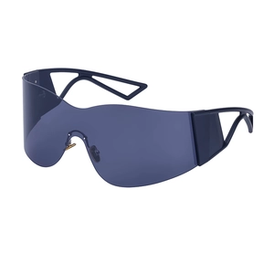 Fashionable Y2K frameless sports sunglasses with wrap-around blue lenses and hollowed temples