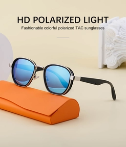Polarized blue mirror sunglasses with black frame and orange triangle folding case