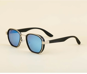 Close-up of polarized sunglasses featuring blue mirrored lenses and silver metal hinges