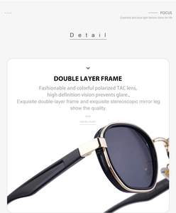 Detail of the dual-layer gold and black metal frame hinges on polarized sunglasses