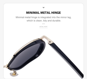 Detailed macro view of minimalist golden metal hinge on black oval frame sunglasses