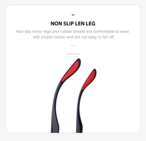 Detail of non-slip eyeglass temple tips featuring ergonomic black and red rubber grip