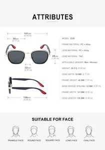 Detailed size guide for 3328 vintage polarized sunglasses with frame and lens measurements