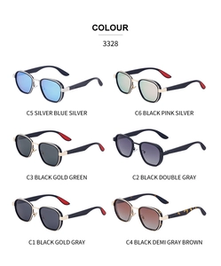 Detailed view of model 3328 oval retro polarized sunglasses in six assorted frame colors