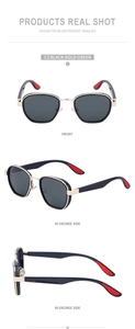 Retro polarized sunglasses with black gold frames and green lenses shown from multiple angles