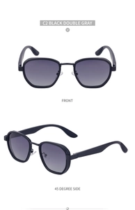 Front and side view of C2 black oval polarized sunglasses with double gray lenses