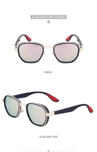 Detailed views of vintage oval polarized sunglasses with black frame and pink silver lenses