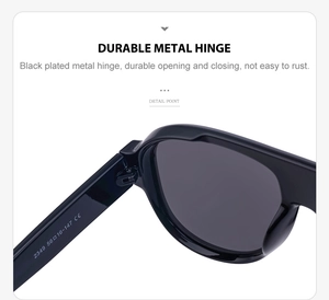 Detail view of durable metal hinge and specification marking on black sunglasses frame