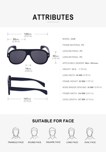 Detailed size specifications for PC frame pilot sunglasses with dimensions and face shapes