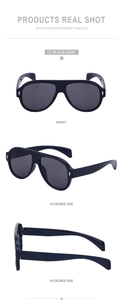 Three-angle product shots of black pilot sunglasses with metallic rivets on temples
