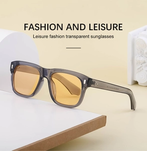 Close-up of square sunglasses with light gray transparent frame and yellow lenses
