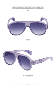 Front and side view of retro aviator sunglasses with blue marble frames and gray lenses
