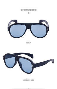 Front and 45-degree side view of C2 black frame pilot sunglasses with blue transparent lenses