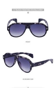 Front and side views of pilot sunglasses with black marble frames and gradient lenses