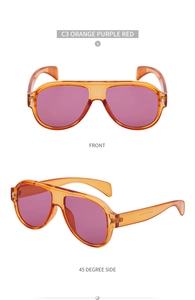 Front and 45-degree views of orange translucent aviator sunglasses with purple lenses