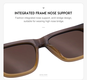 Detail view of square sunglasses with integrated nose support and brown gradient frame