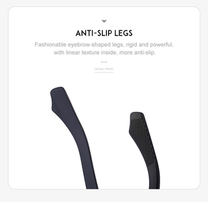 Close-up of black sunglasses legs featuring non-slip linear texture and eyebrow design