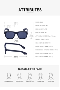 Detailed size specifications for square frame sunglasses including frame width and lens height
