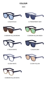 Grid view of various color combinations for square frame fashion sunglasses