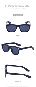 Detailed views of black square sunglasses with grey lenses and non-slip textured temples
