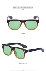 Retro square sunglasses C5 wood grain frame with gradient green lenses detail view
