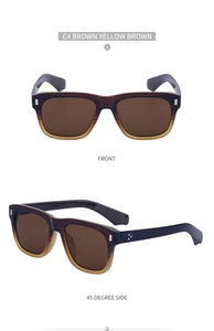 Detail view of square gradient brown sunglasses with wood-grain texture and silver accents