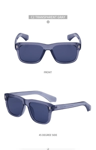 Front and side view of transparent gray square frame sunglasses with non-slip temple tips