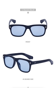 Detail view of square frame sunglasses with blue lenses and silver rivets on a white base