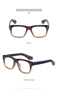 Macro detail of retro square brown gradient frames and black wide temples on glasses